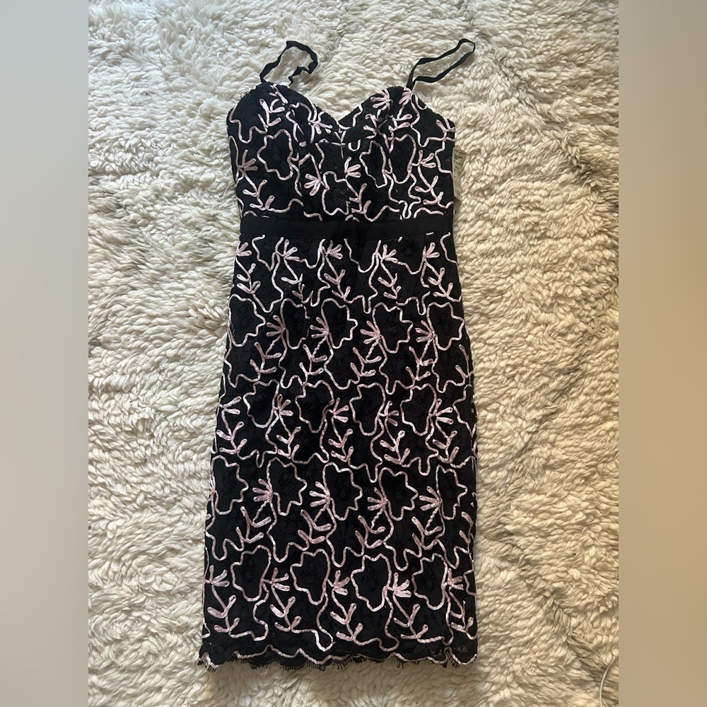 Milly Strapless Black Dress with Pink Floral Design